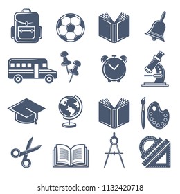 School symbols. Vector black icons set of school icons. Education and learning, teaching study illustration