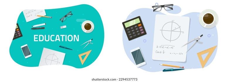 School table desk top view vector with math homework education graphic design, education desktop concept above flat lay cartoon illustration, study algebra learning college workspace image clipart
