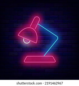 School table lamp neon icon. Light bulb item. Electric store logotype. Back to school concept. Education promotion. Glowing advertising on brick wall. Vector stock illustration