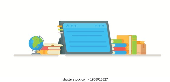 A school tablet on the table. Vector illustration of learning. Shopping for stationery and various other things. 