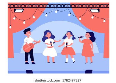 School talent show. Boy and girls singing and playing guitar on stage. Vector illustration for kids theater, school performance, vocal, children music education concepts