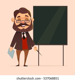 School teacher with blackboard. Flat design. Cartoon character. Vector illustration.