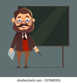 School teacher with blackboard. Flat design. Cartoon character. Vector illustration.