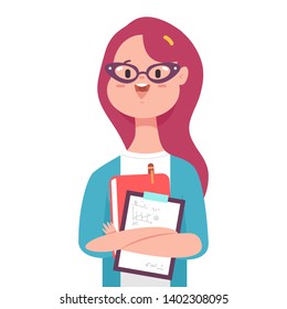 School teacher with book vector cartoon cute girl character isolated on a white background.