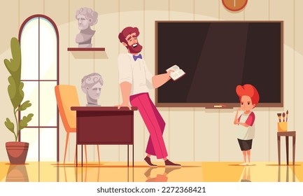 School teacher cartoon concept with pupil on history lesson vector illustration