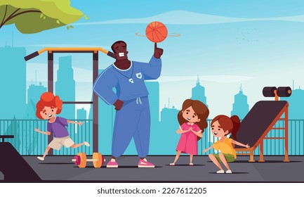 School teacher cartoon scene with black man holding basketball ball and kids on playground vector illustration