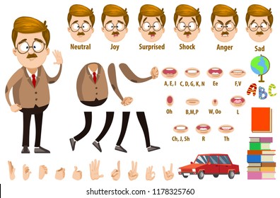 School teacher character constructor and objects for custom animation scene. Lecturer various facial emotions, hand gestures and lip sync vector illustration. Professor in suit and tie creation set