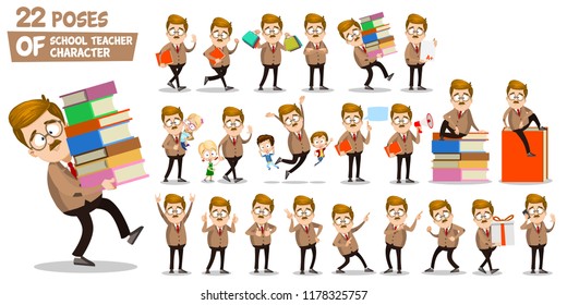 School teacher character set in various poses. Man holding books and shopping bags, showing different hand gestures and playing with children vector illustration. Mustache professor in suit and tie.