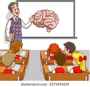 School teacher and children study in classroom vector illustration. Cartoon man teacher training student kids, standing at class chalkboard and teaching kids sitting at desks, education background