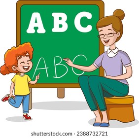 School teacher and children studying in classroom vector illustration. Cartoon teacher educating student children, standing at classroom blackboard and teaching children.