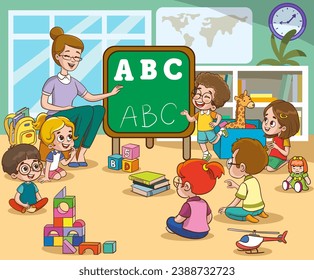 School teacher and children studying in classroom vector illustration. Cartoon teacher educating student children, standing at classroom blackboard and teaching children.