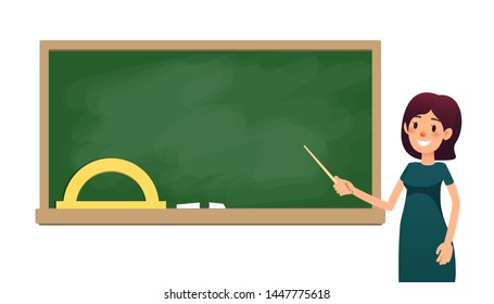 黒板の近くの教室の教師 ポインターを持つ漫画のフラットな女性は 授業を受ける 授業中の女子先生が出席してる ベクターイラスト のベクター画像素材 ロイヤリティフリー Shutterstock