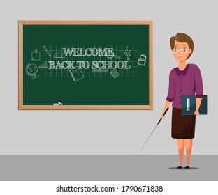 School teacher in classroom vector illustration. Female tutor holding pointer and textbook flat character. Welcome to school calligraphic text on blackboard. Study, knowledge day concept