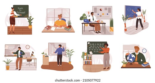 School teacher at classroom web concept in flat design. Men and women pedagogues near blackboard, explain subject in lesson in class, sit at desk. Education modern people scene. Vector illustration.