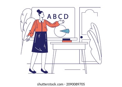 School teacher concept in flat line design for web banner. Woman tutor stands at blackboard with alphabet, explains lesson in class, modern people scene. Vector illustration in outline graphic style