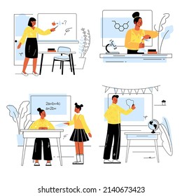 Schullehrerkonzept in flachem Design. Männer und Frauen, die im Unterricht im Klassenzimmer unterrichten, auf die Tafel zeigen oder die Schülerfragen beantworten. Vektorgrafik mit farbigen, umrissenen Webszenen