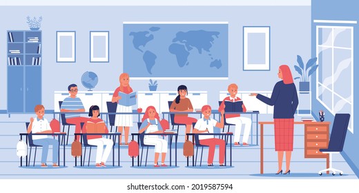 School teacher conducts a lesson with students in the classroom flat vector illustration