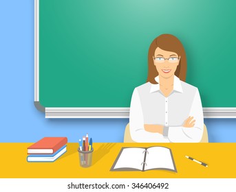 School teacher at desk flat education vector illustration. Young attractive smiling woman sitting at a table with books, pens and pencils in front of blackboard. Studying, learning, training concept