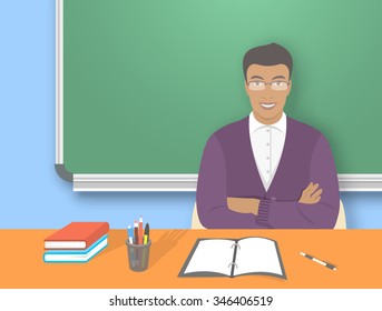 School teacher at desk flat education vector illustration. Young smiling African American man sitting at table with books, pens and pencils in front of blackboard. Studying, learning concept