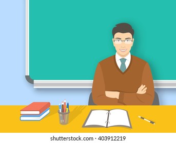 School teacher at desk flat education vector background. Young smiling asian man with glasses sitting at table with books and pens in front of blackboard. Adult people cartoon character