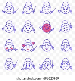 School teacher emoji. Vector set of smileys. Cartoon face of a female teacher. Wink, rigor, shyness, love, shock, facepalm and other smileys. Drawings by blue ballpoint pen. Transparent background.