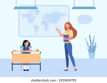 School teacher explaining geography lesson to pupil. Tutor showing world map to student kid. Flat vector illustration. Education, studying concept for banner, website design or landing web page