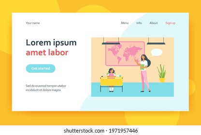 School teacher explaining geography lesson to pupil. Tutor showing world map to student kid. Flat vector illustration. Education, studying concept for banner, website design or landing web page