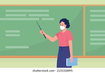 School teacher flat color vector illustration. Education institution. Helps kids acquire knowledge. High school lesson. Educator in face mask 2D simple cartoon character with chalkboard on background