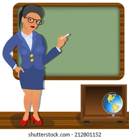  school teacher in front of a green board.