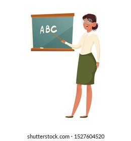 A school teacher in glasses explaining the formula. Vector illustration isolated on white background