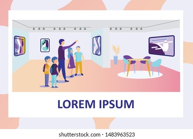 School Teacher or Guide and Children at Art Gallery or Museum. Man Shows Kids Abstract Paintings Hanging on Wall. Flat Poster Advertising Excursion and Cultural Education. Vector Cartoon Illustration
