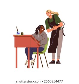 School teacher helps her student in art class. Talented woman teaches little girl painting. Pupil learning, studies drawing on painters' course. Flat isolated vector illustration on white background