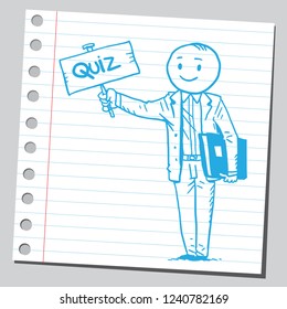 School teacher holding quiz banner