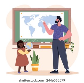 Profesor de escuela con niño. Hombre con puntero cerca del mapa. Lección de geografía en la escuela. Educación, aprendizaje y formación. Preescolar con globo ocular. Ilustración vectorial plana de dibujos animados aislada sobre fondo blanco