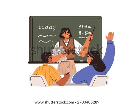 School teacher and kid students in classroom, math lesson, class. Children learning, studying mathematics, raising hand. Education concept. Flat vector illustration isolated on white background