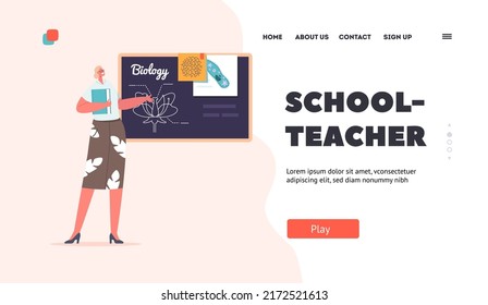 School Teacher Landing Page Template. Teacher with Textbook Stand at Blackboard Teach Biology Lesson, Education Concept. Young Woman Wear Formal Dress Hold Book. Cartoon People Vector Illustration