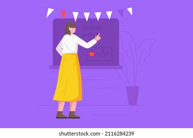 School teacher at lesson modern flat concept. Young female teacher writes mathematical equation on blackboard. Education and Knowledge. Vector illustration with people scene for web banner design