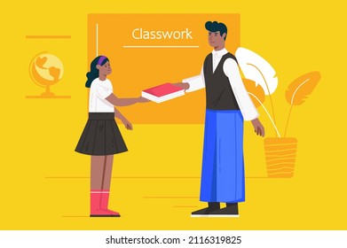School teacher at lesson modern flat concept. Male teacher gives book to schoolgirl, helping pupil learning subject and doing classwork. Vector illustration with people scene for web banner design