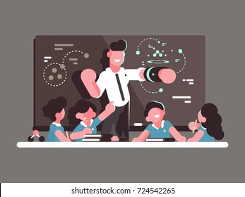 School teacher at lesson. Teaching children in classroom. Vector illustration