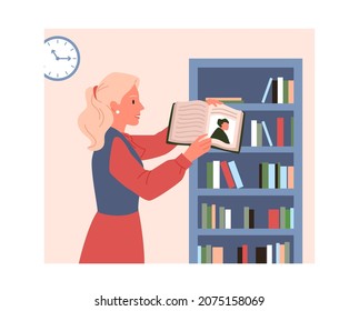 School teacher or librarian holding open book vector illustration. Cartoon woman standing near bookshelves at literature lesson in classroom interior, library, bookstore. Education, knowledge concept