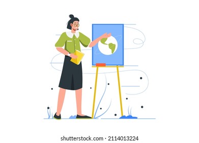 School teacher modern flat concept. Young woman stands at blackboard and points to it while explaining topic of lesson. Work in education. Vector illustration with people scene for web banner design