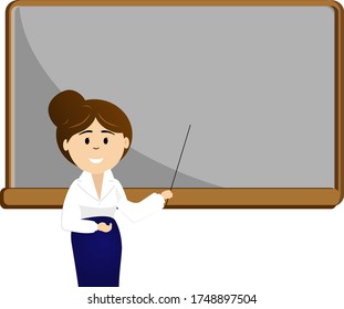 School teacher near the grey blackboard. Vector illustration