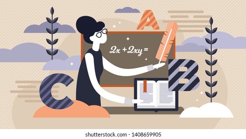 School teacher occupation vector illustration. Flat tiny study learning person concept. Abstract knowledge class with blackboard and ABC. Professional primary or elementary education classroom lesson.