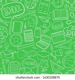 School Teacher Pattern. Seamless Background Symbols. Traditional Doodle Drawn Sketch Hand Made Design Vector.