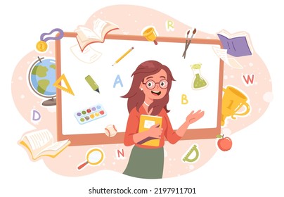 School teacher person with education supplies. Smiling woman holding book teaching at whiteboard with textbooks, paints, marker, pencil floating around. Knowledge concept flat vector illustration