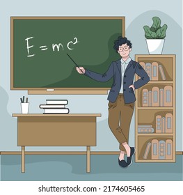 School teacher at the physics lesson. Hand drawn cute cartoon style. Friendly young male teacher.