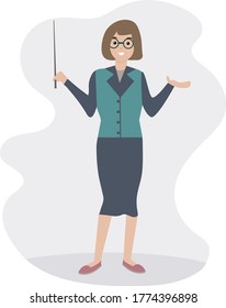 eine Lehrerin mit einem Zeiger, Frau. Gemäldetes Vektorzeichen, Avatar.  Zurück zur Schule