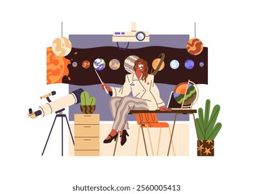 School teacher pointing on planets with pointer in astronomy classroom. Woman in suit sits on desk with globe, explains class, tells about space, cosmos. Flat isolated vector illustration on white