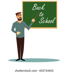 School teacher points to the board. Back to school. Cartoon character. Vector illustration