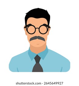 School teacher, professor character. Man with mustache and glasses wearing a shirt and tie. Vector illustration